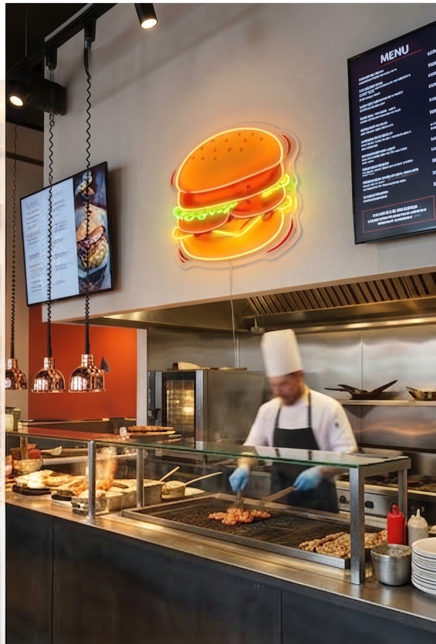 Mutfakta burger neon uygulaması