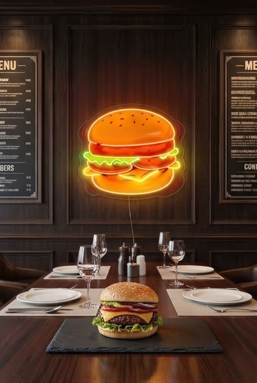 Restoranda burger neon uygulaması