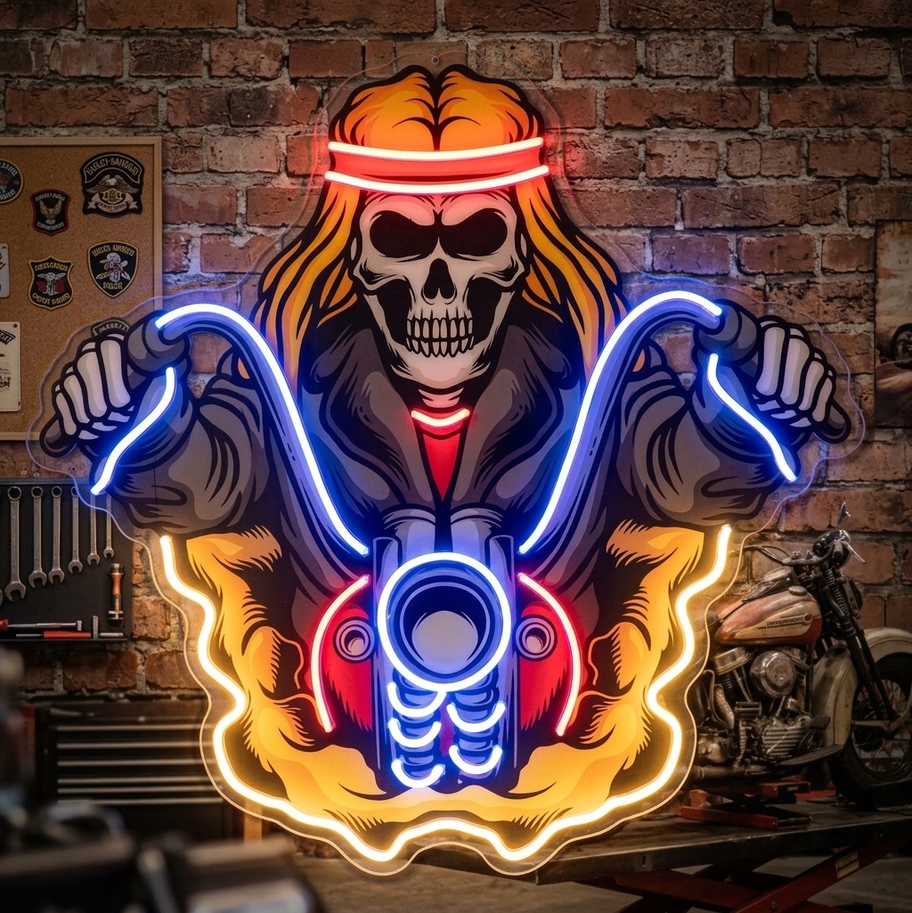 Motorcu kuru kafa pop-art neon