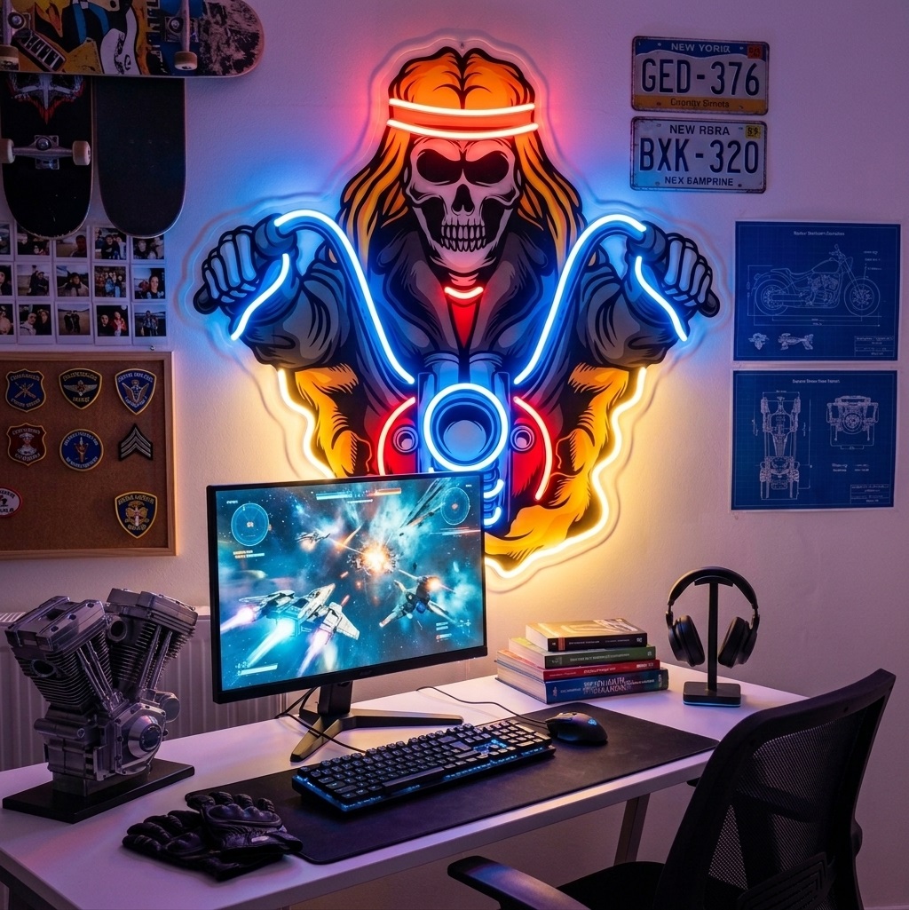 Motorcu Kuru Kafa Neon LED
